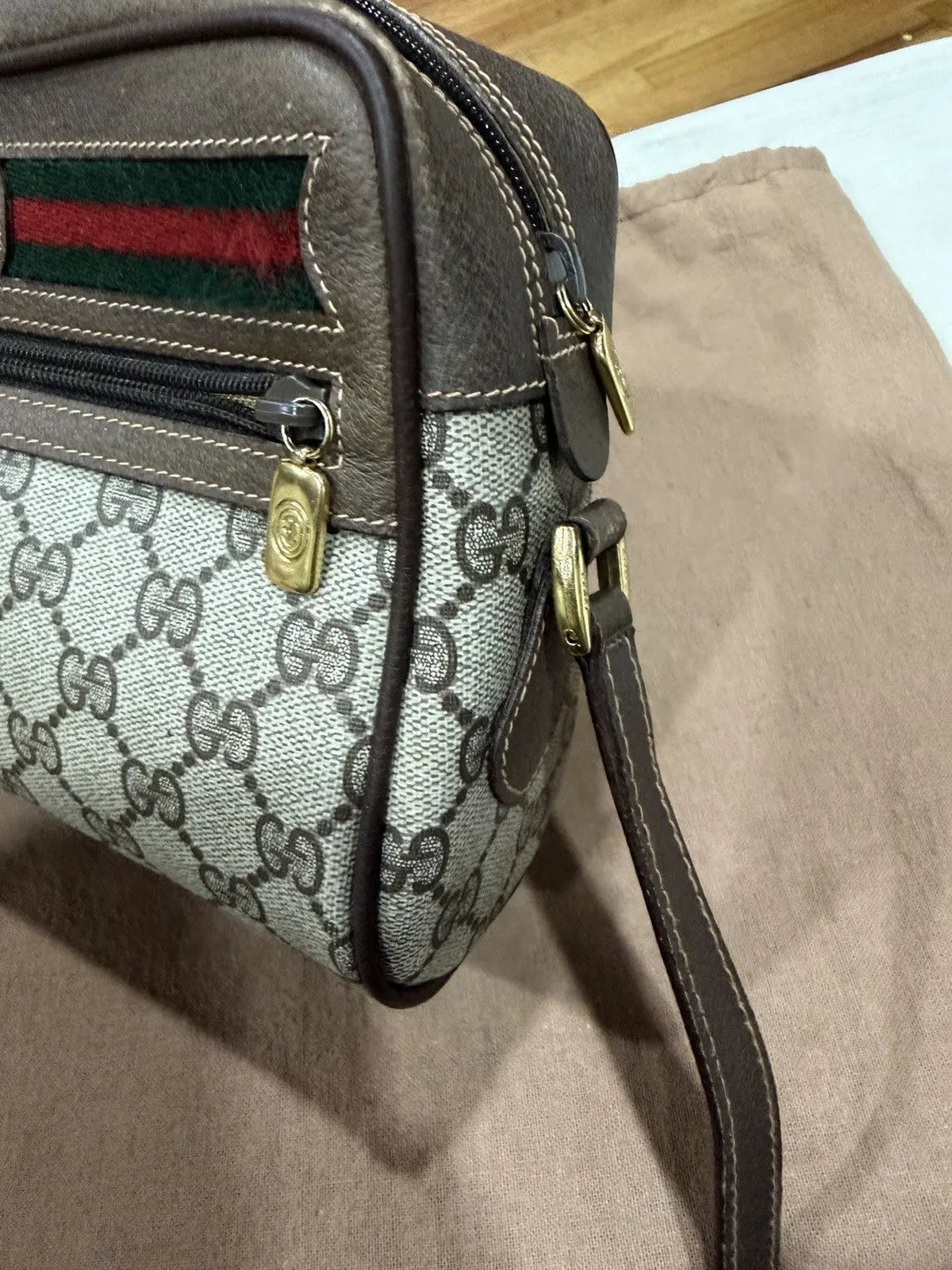 Gucci GG Supreme Gucci GG Web Shoulder Bag Brown Leather/PVC Excellent Condition
