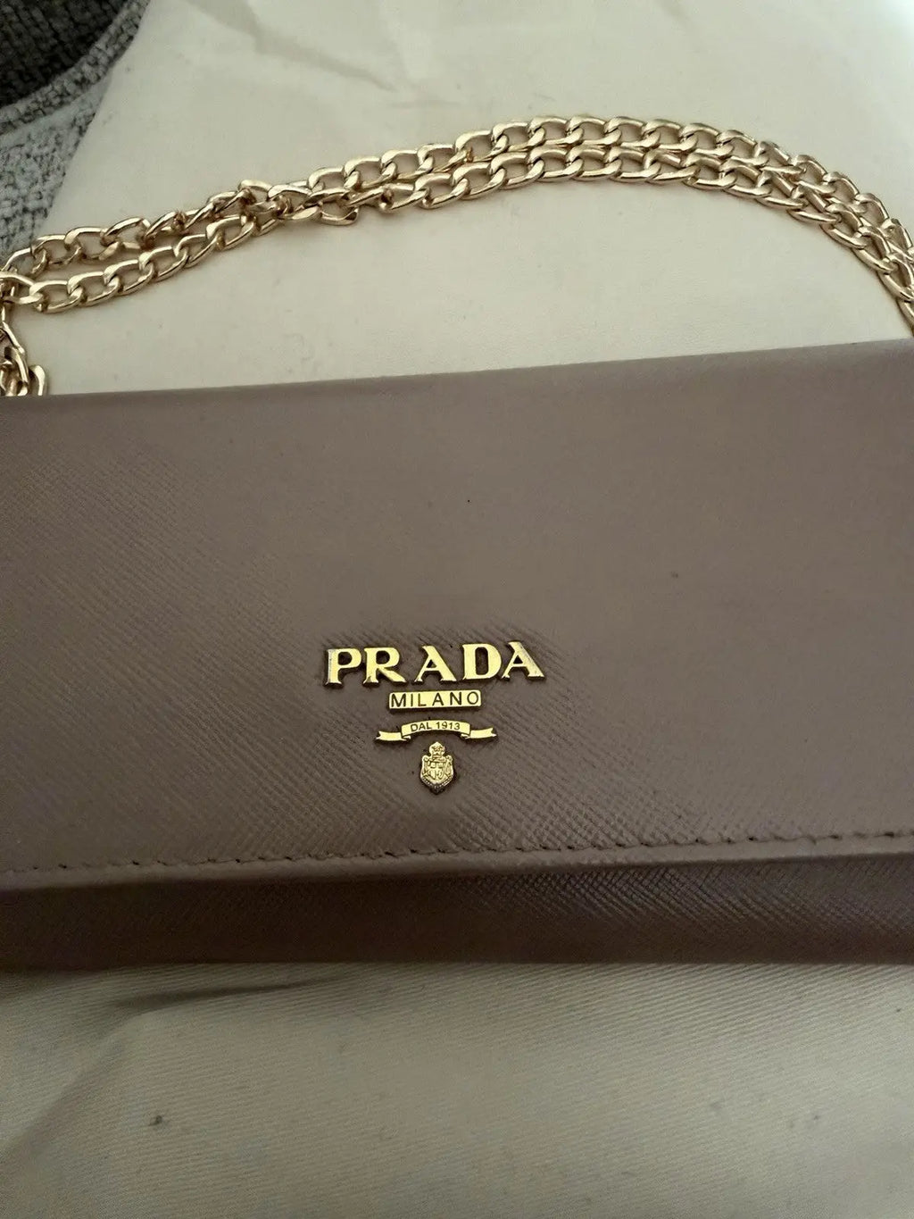 PRADA Pink Nude Saffiano Leather Logo Wallet On Braided Chain Crossbody Bag
