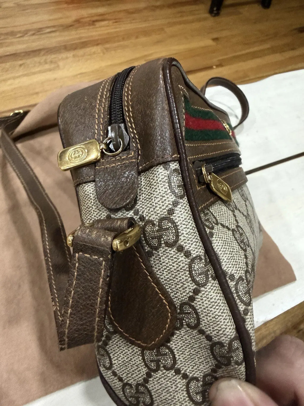 Gucci GG Supreme Gucci GG Web Shoulder Bag Brown Leather/PVC Excellent Condition
