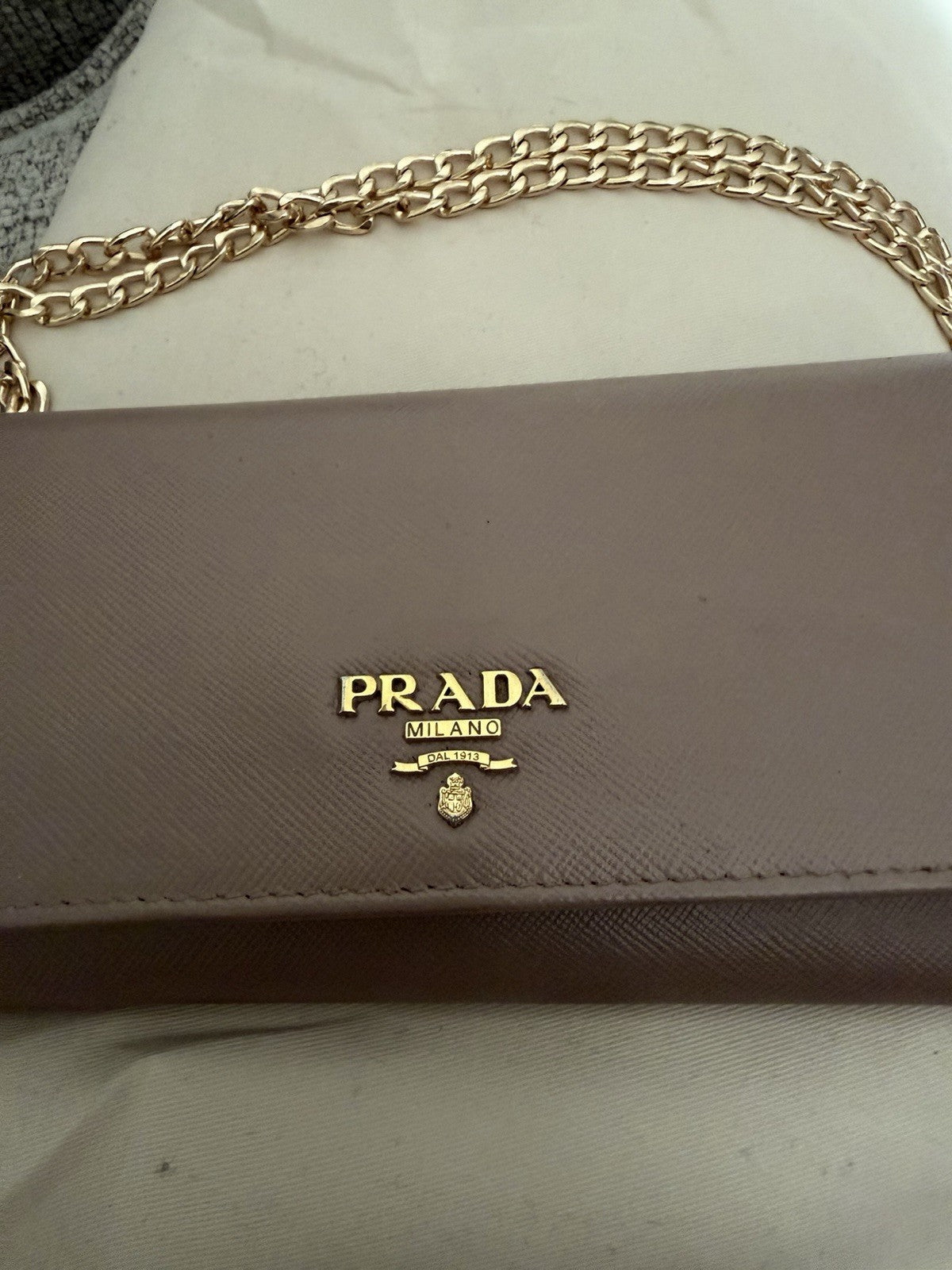 PRADA Nude Pink Nudish Saffiano Leather Logo Wallet W Chain Crossbody Bag