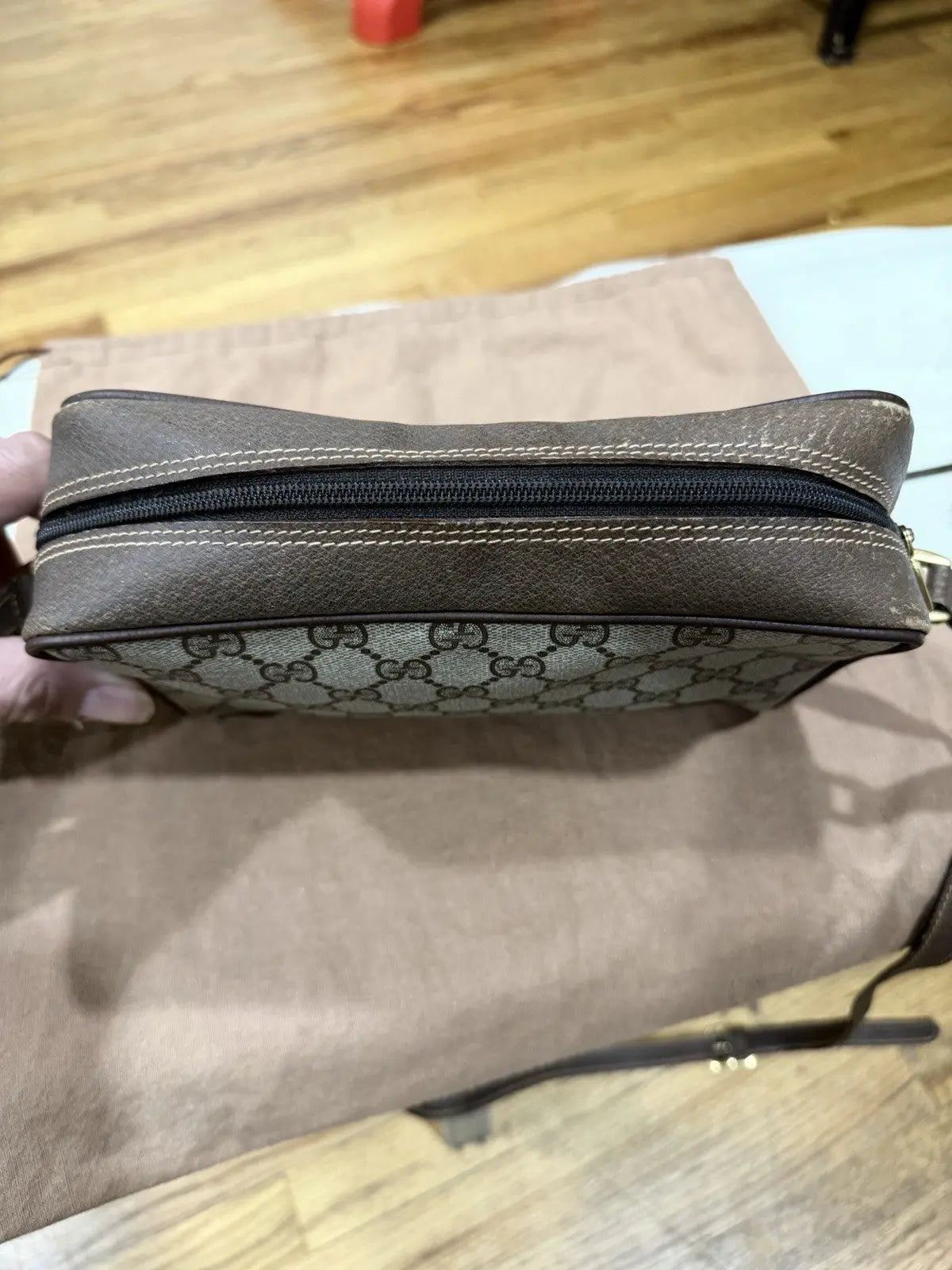 Gucci GG Supreme Gucci GG Web Shoulder Bag Brown Leather/PVC Excellent Condition