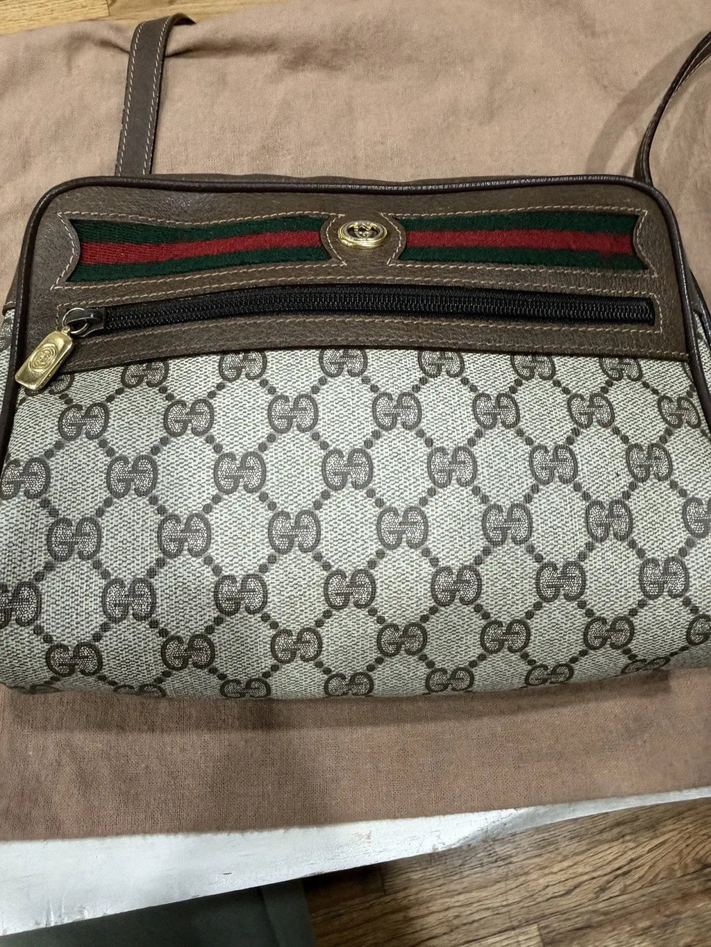 Gucci GG Supreme Gucci GG Web Shoulder Bag Brown Leather/PVC Excellent Condition
