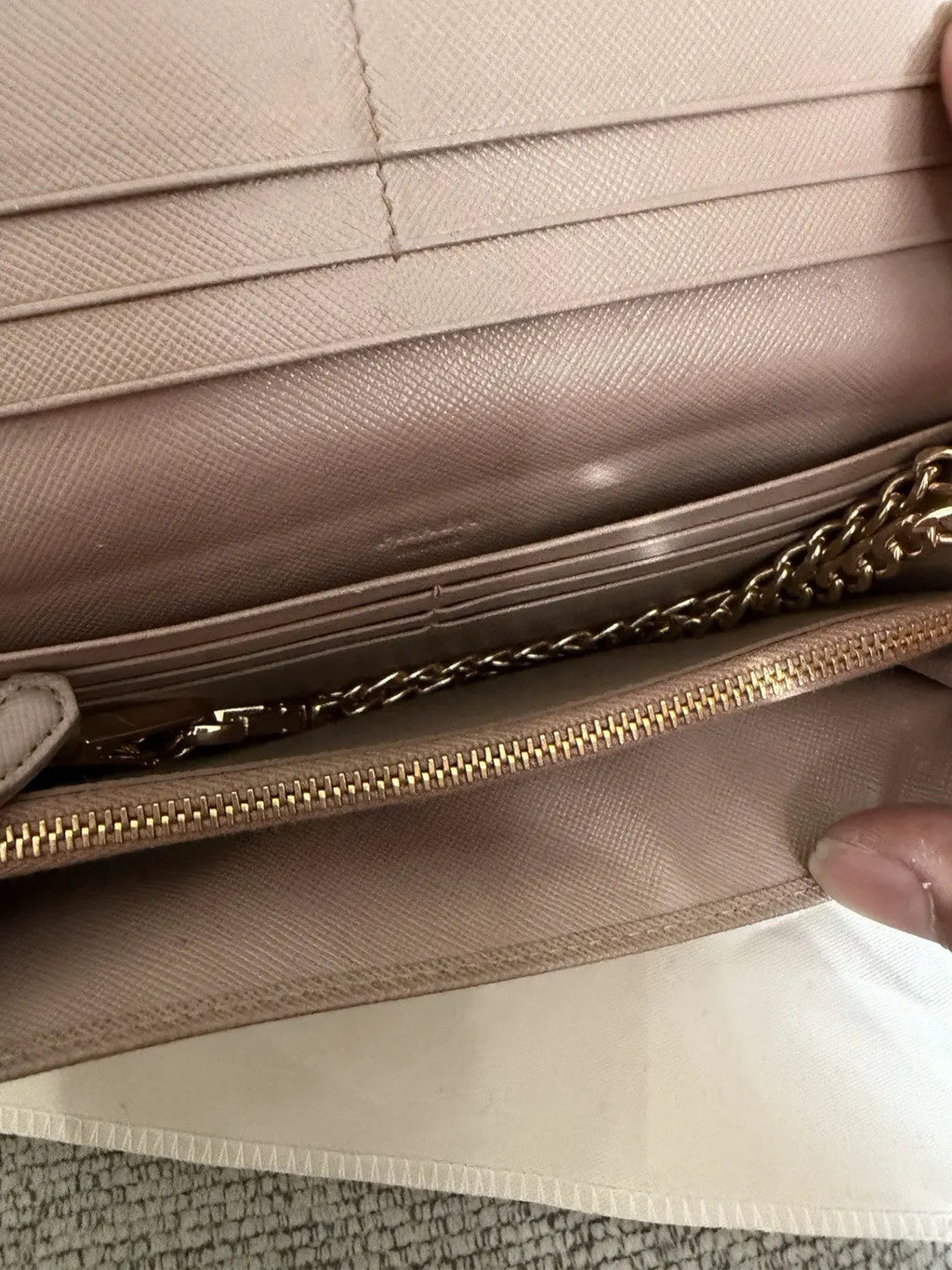 PRADA Pink Nude Saffiano Leather Logo Wallet On Braided Chain Crossbody Bag
