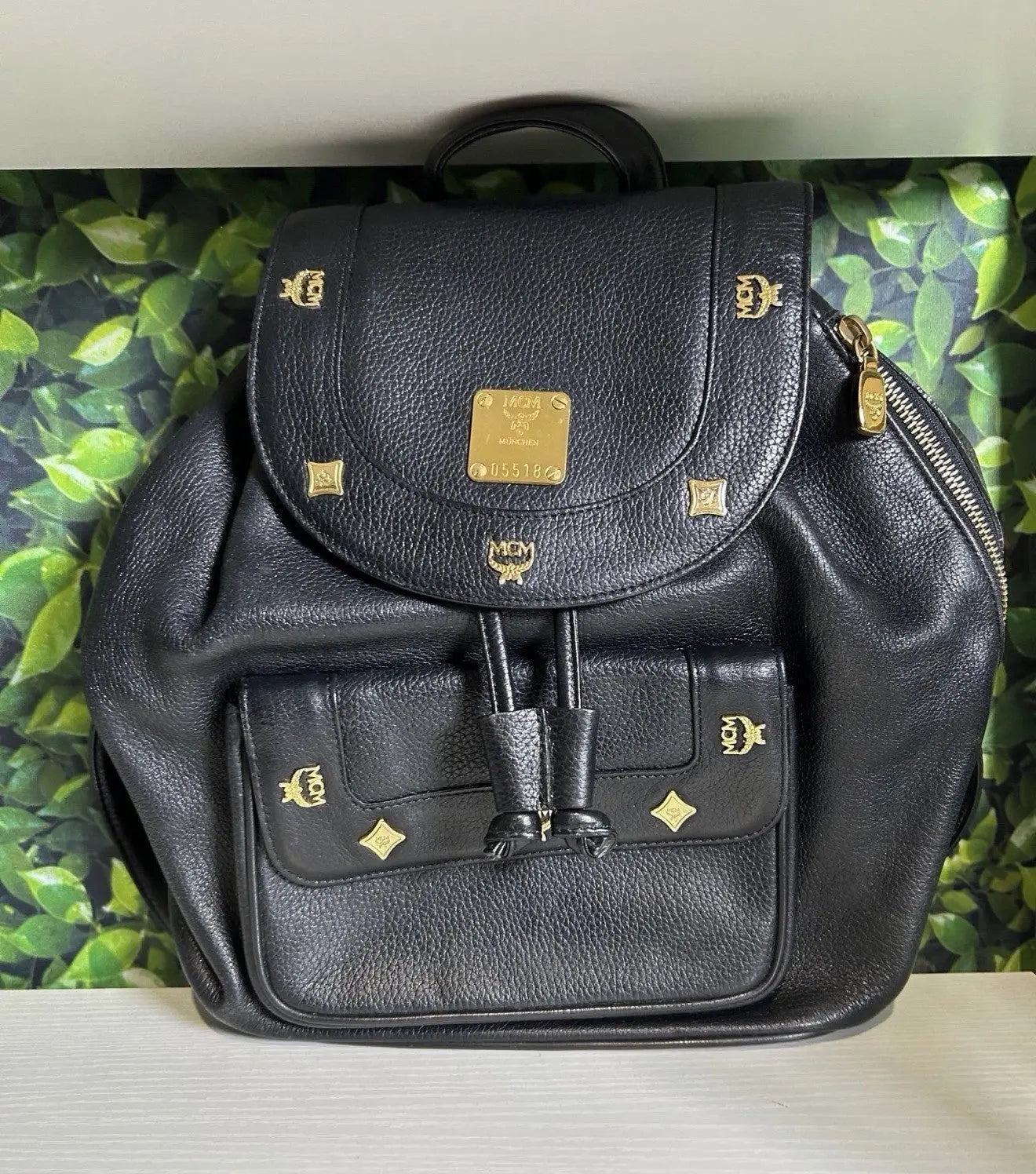 MCM Gold Hardware Backpack Purse Medium Black 100% Leather