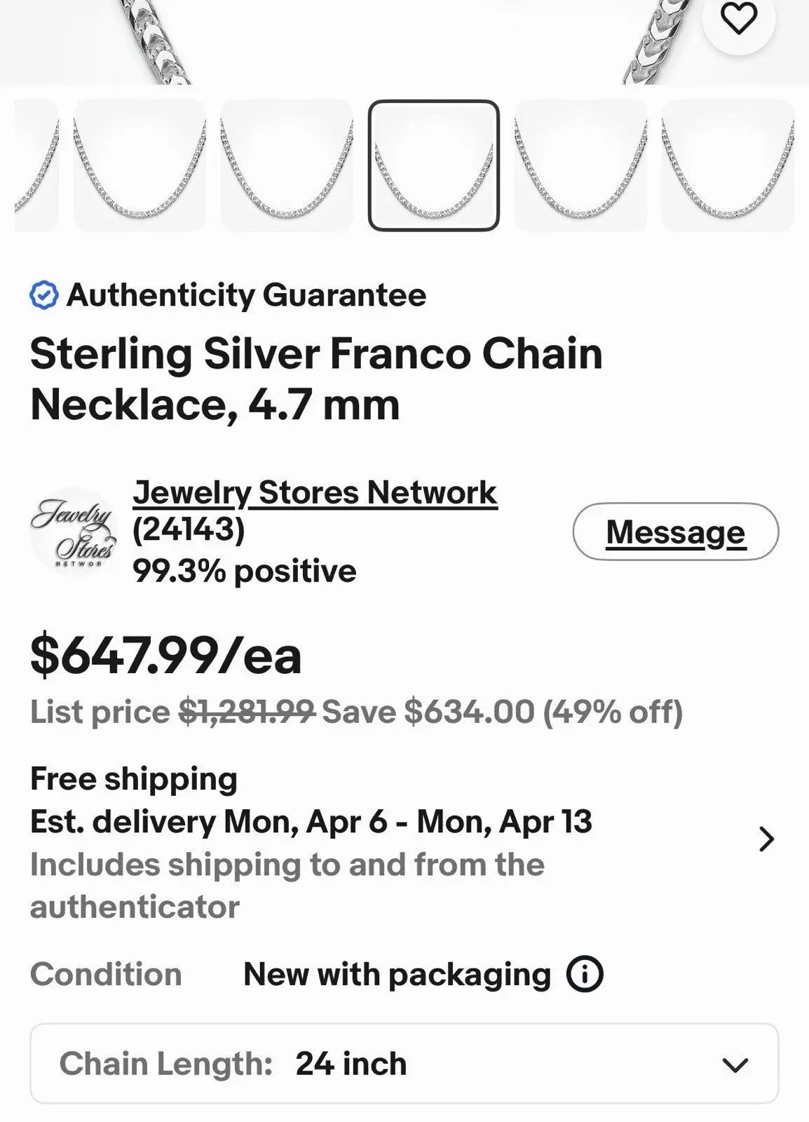 24” 4.4mm 24.5gr 925 SOLID Sterling Silver FRANCO LINK CHAIN Necklace