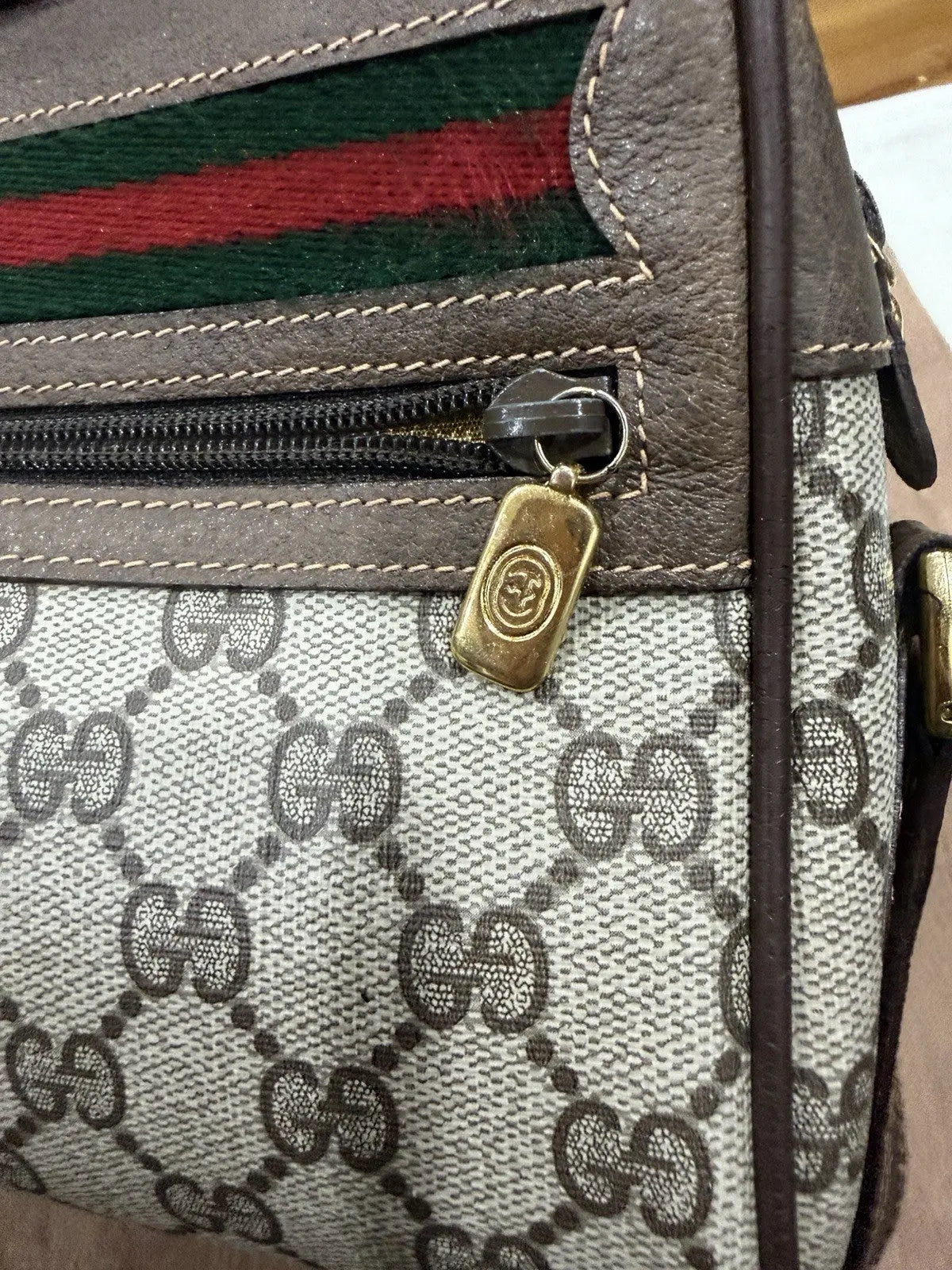 Gucci GG Supreme Gucci GG Web Shoulder Bag Brown Leather/PVC Excellent Condition