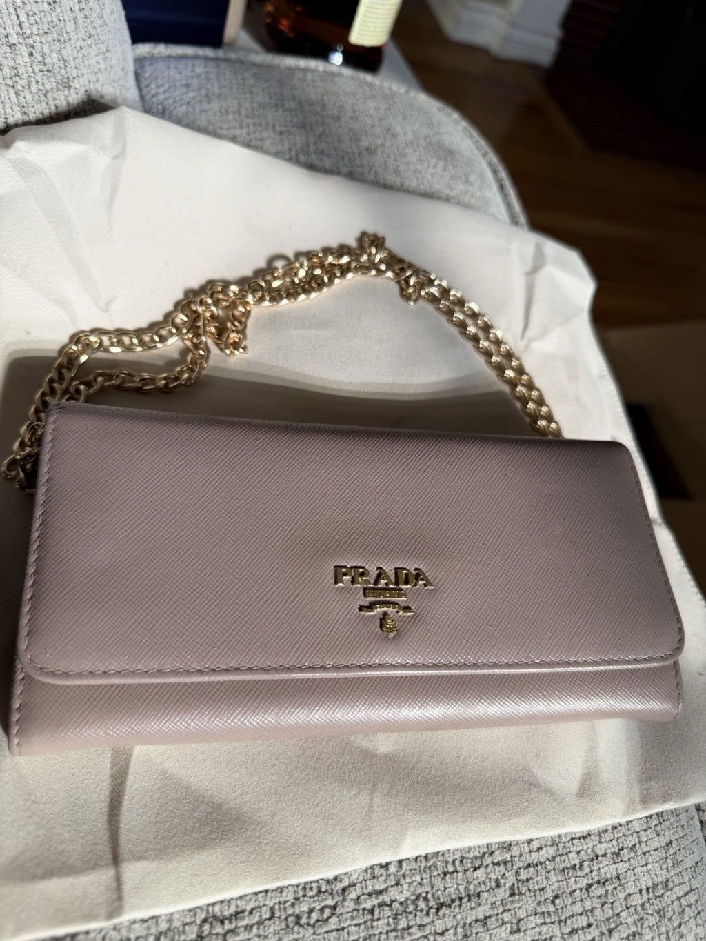 PRADA Nude Pink Nudish Saffiano Leather Logo Wallet W Chain Crossbody Bag