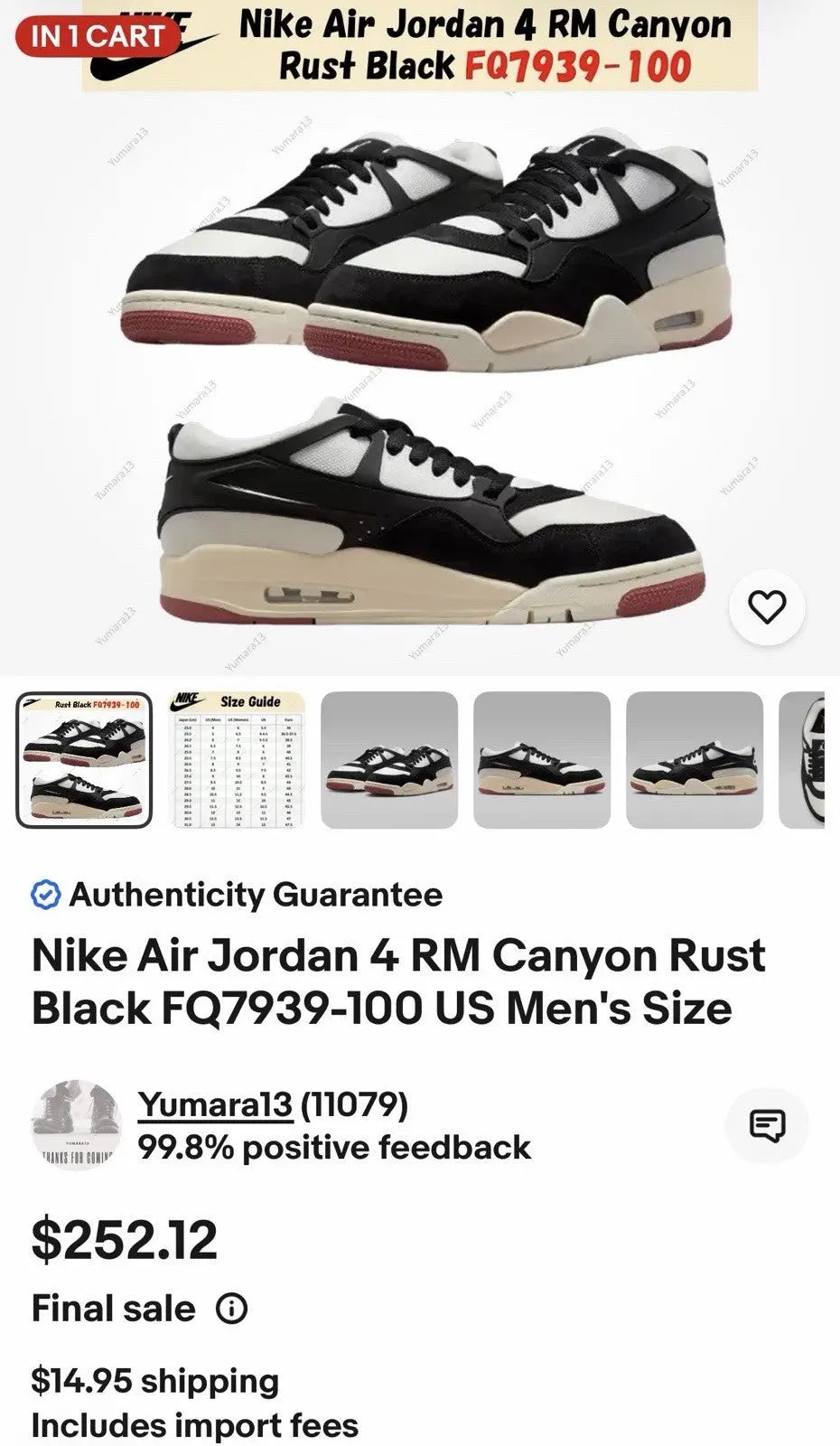 Nike Air Jordan 4 RM Canyon Rust Black FQ7939-100 US Men's Size 12.5 Shoes
