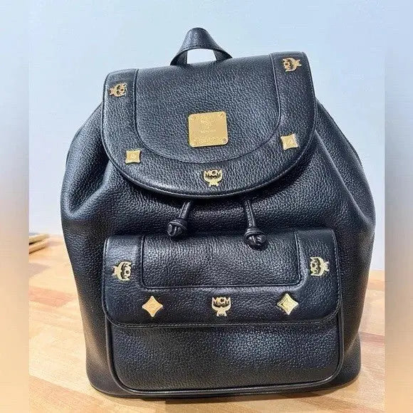 MCM Gold Hardware Backpack Purse Medium Black 100% Leather