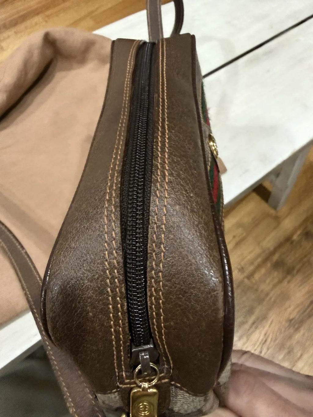 Gucci GG Supreme Gucci GG Web Shoulder Bag Brown Leather/PVC Excellent Condition