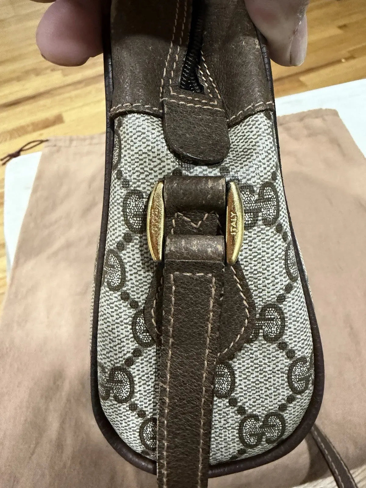 Gucci GG Supreme Gucci GG Web Shoulder Bag Brown Leather/PVC Excellent Condition