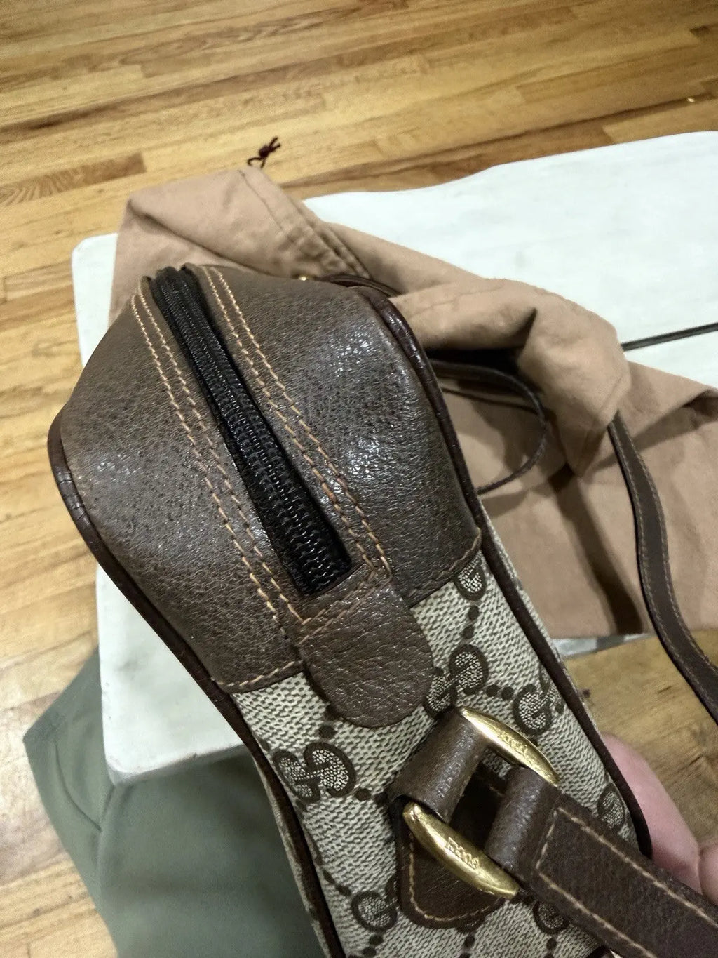 Gucci GG Supreme Gucci GG Web Shoulder Bag Brown Leather/PVC Excellent Condition