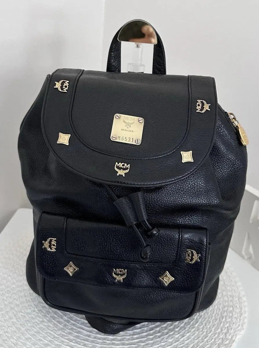MCM Gold Hardware Backpack Purse Medium Black 100% Leather