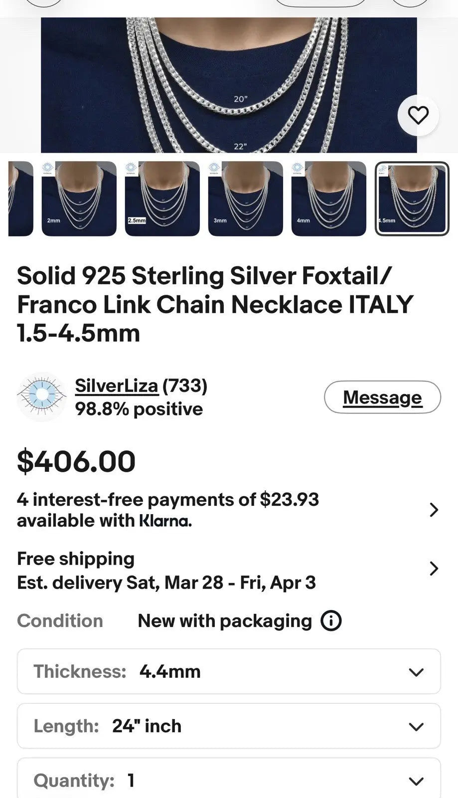 24” 4.4mm 24.5gr 925 SOLID Sterling Silver FRANCO LINK CHAIN Necklace