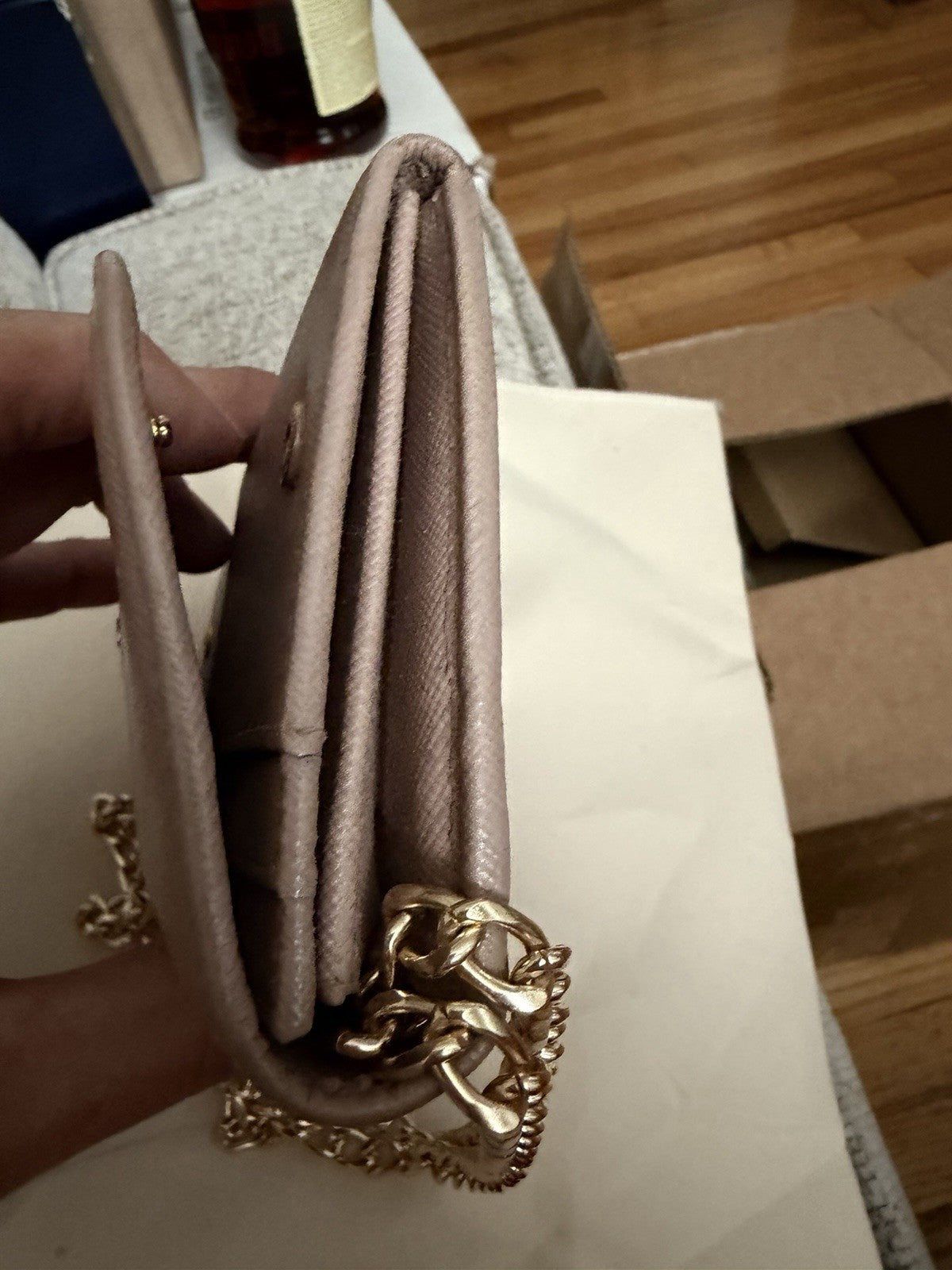 PRADA Nude Pink Nudish Saffiano Leather Logo Wallet W Chain Crossbody Bag