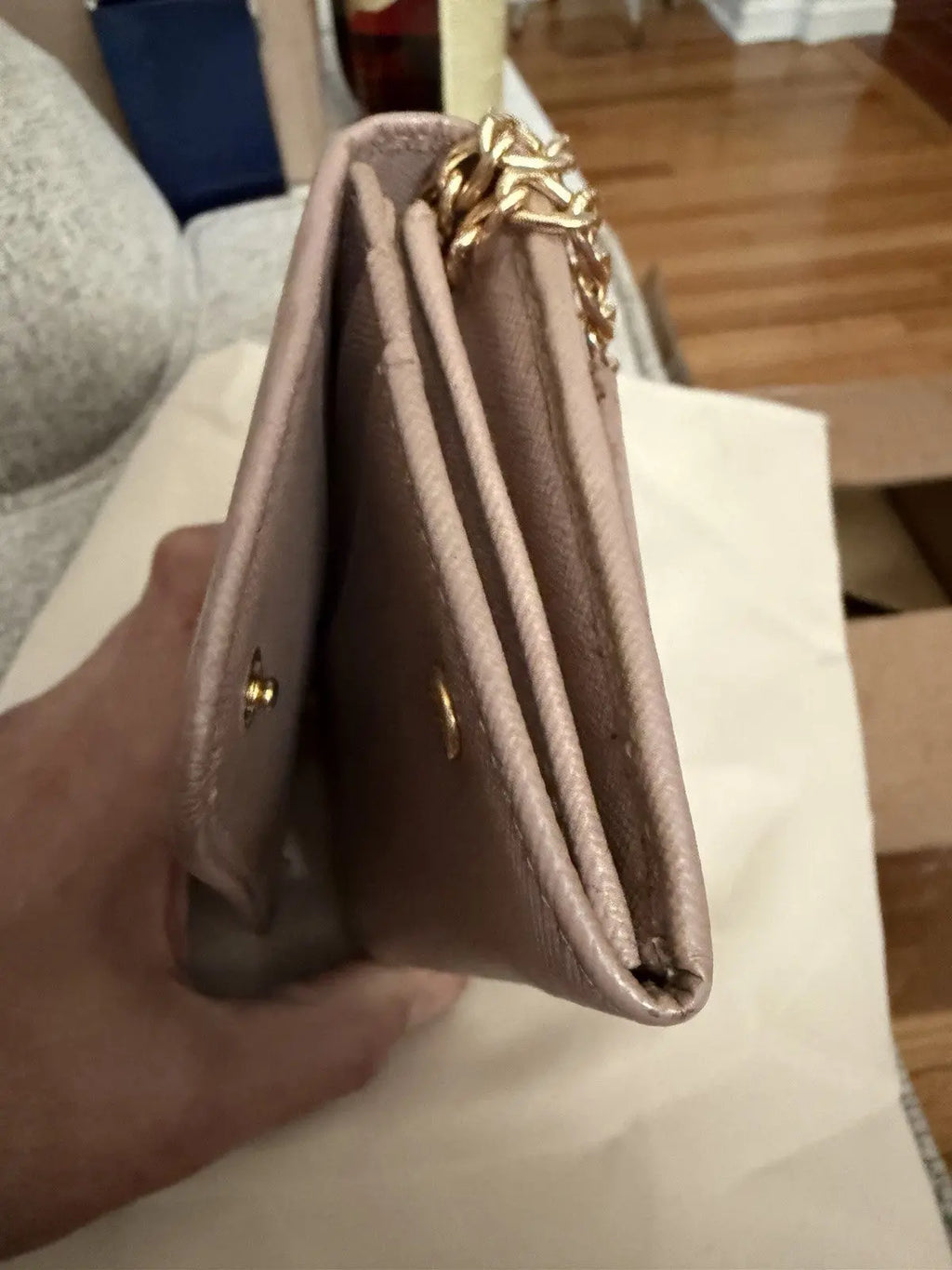 PRADA Pink Nude Saffiano Leather Logo Wallet On Braided Chain Crossbody Bag