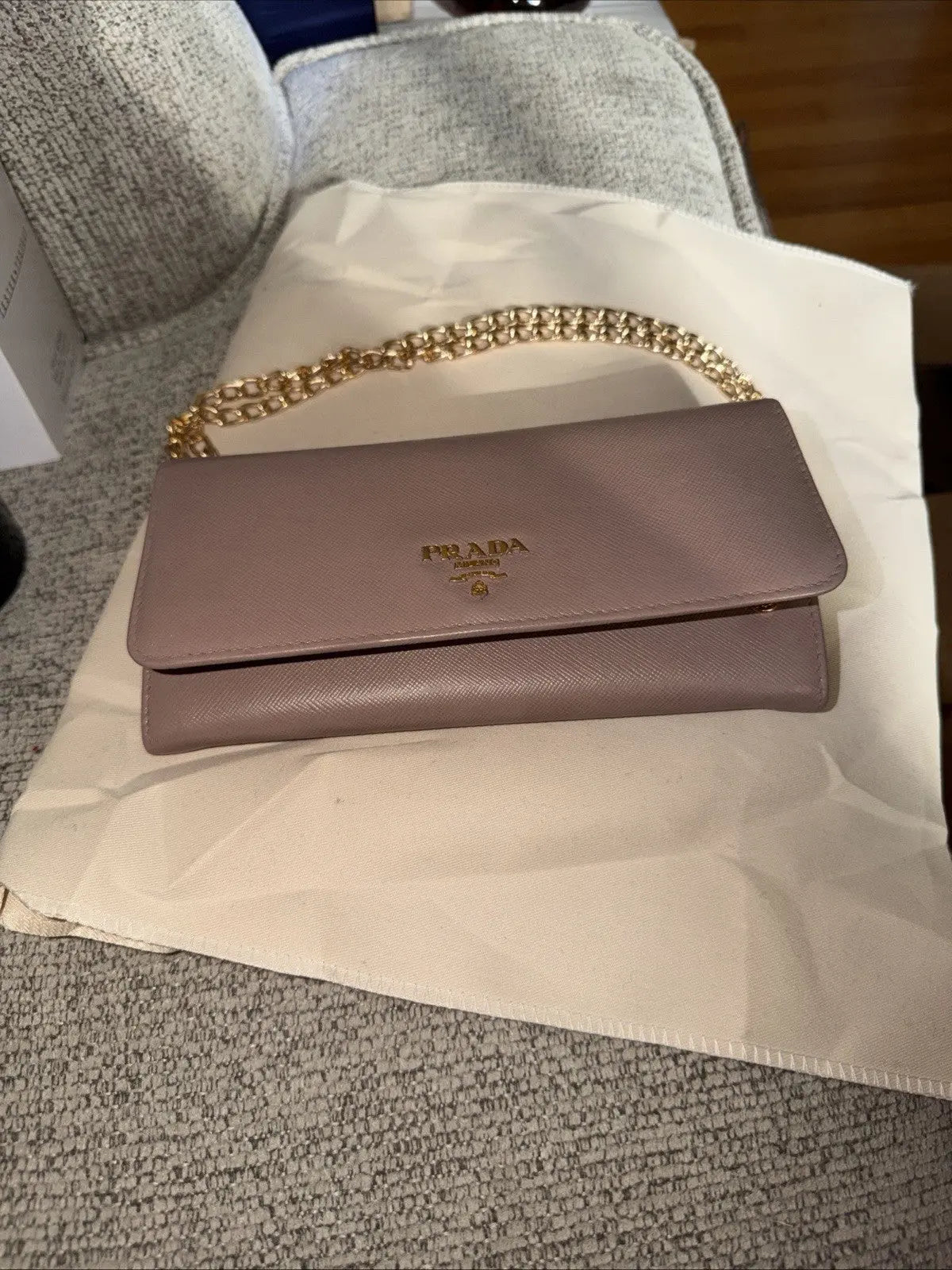 PRADA Pink Nude Saffiano Leather Logo Wallet On Braided Chain Crossbody Bag