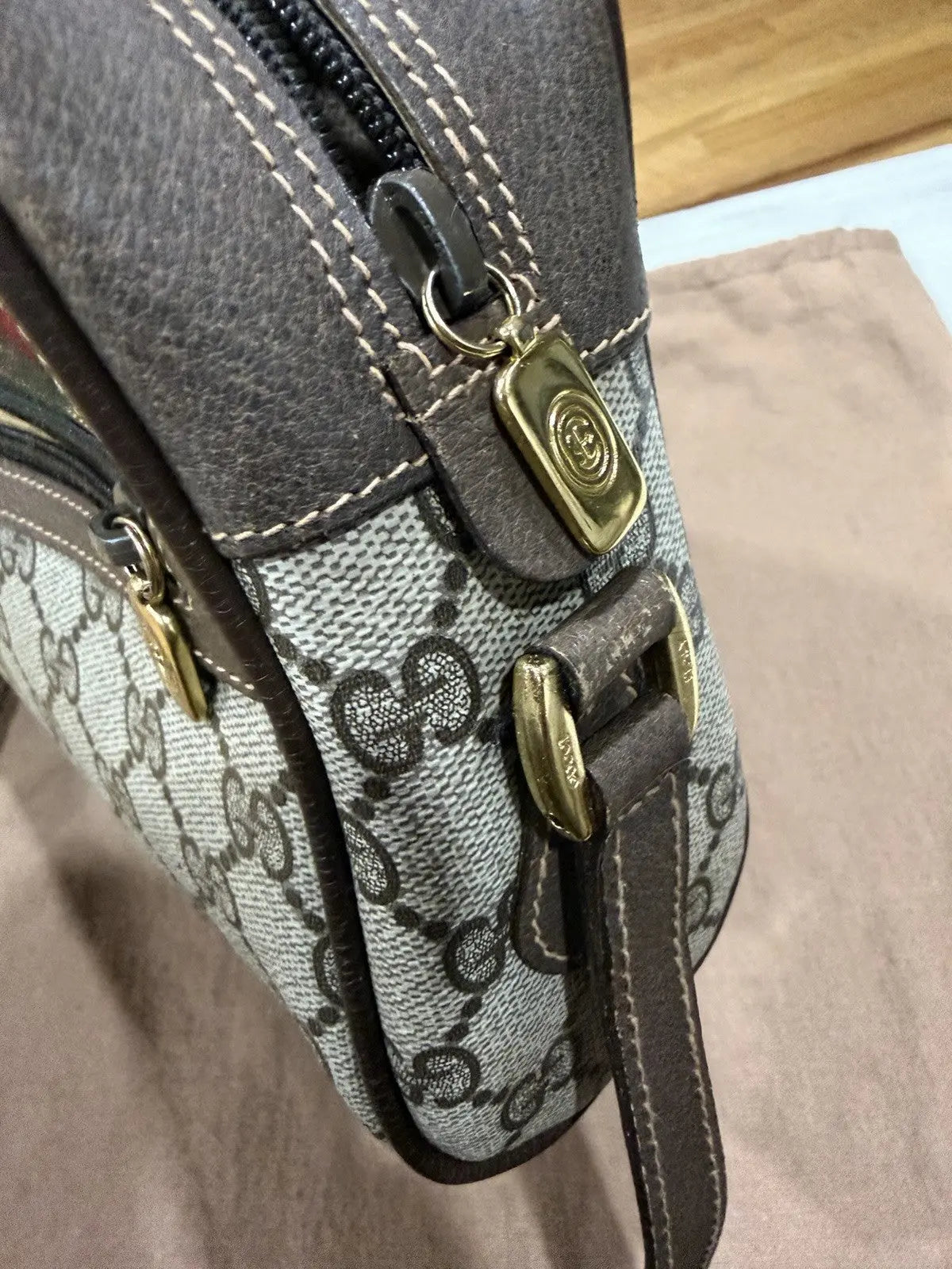 Gucci GG Supreme Gucci GG Web Shoulder Bag Brown Leather/PVC Excellent Condition