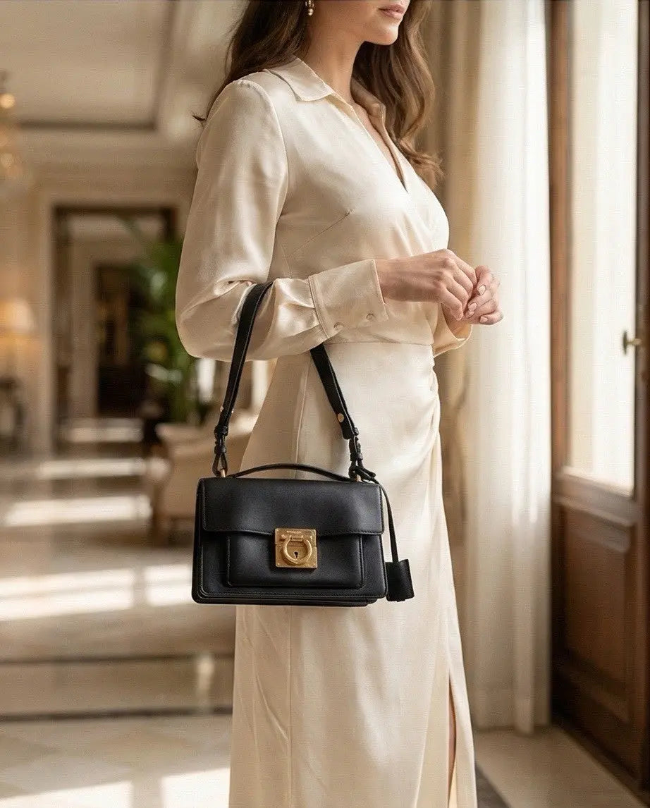 Ferragamo Leather Aileen Black Handbag / Crossbody Adjustable/ Removable Strap