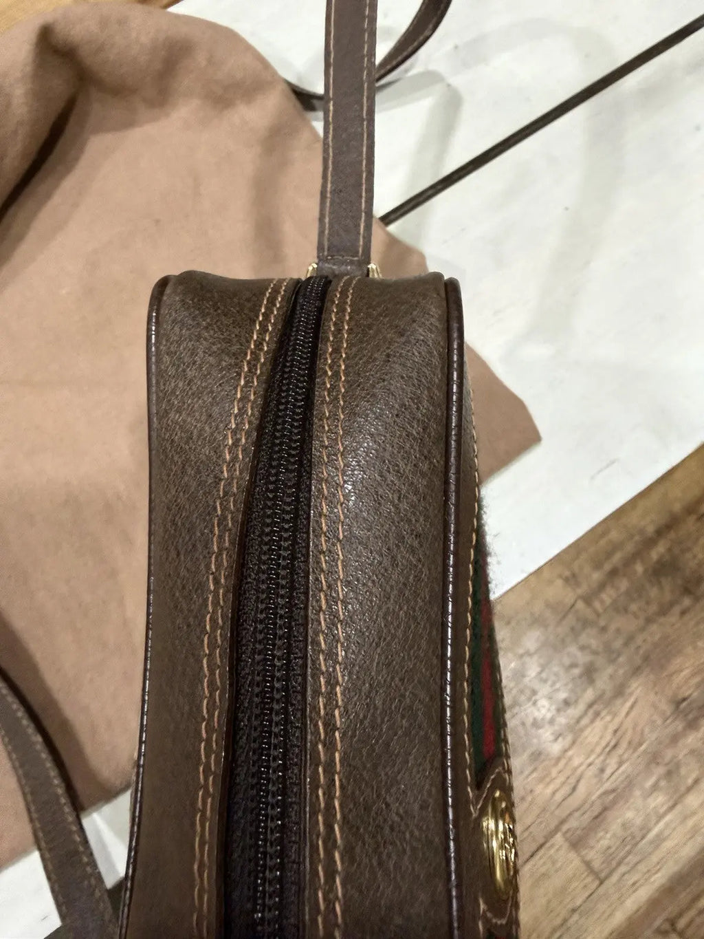 Gucci GG Supreme Gucci GG Web Shoulder Bag Brown Leather/PVC Excellent Condition