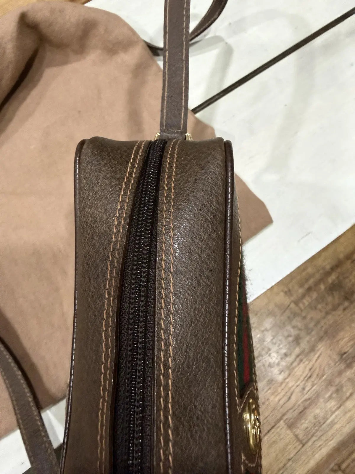 Gucci GG Supreme Gucci GG Web Shoulder Bag Brown Leather/PVC Excellent Condition