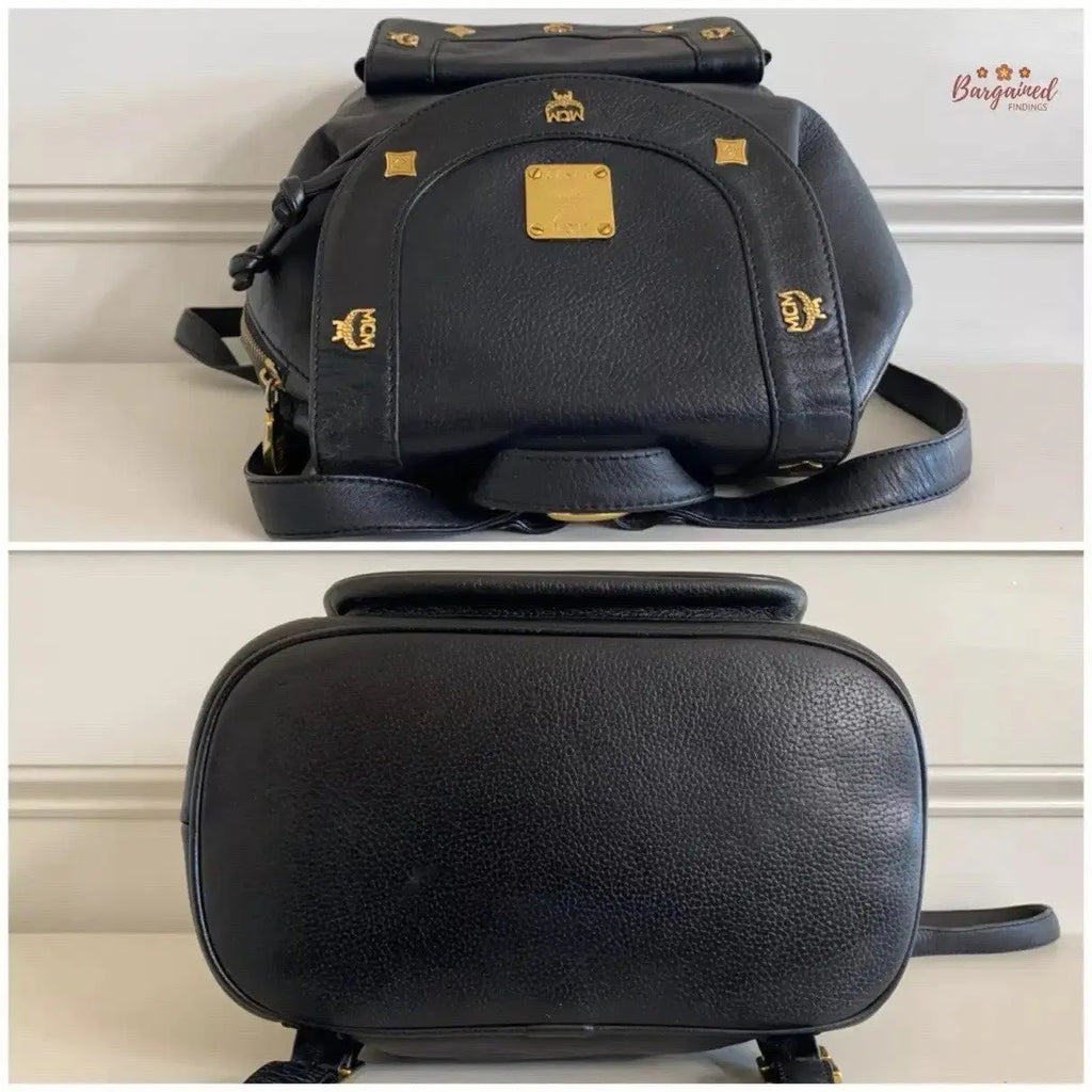 MCM Gold Hardware Backpack Purse Medium Black 100% Leather