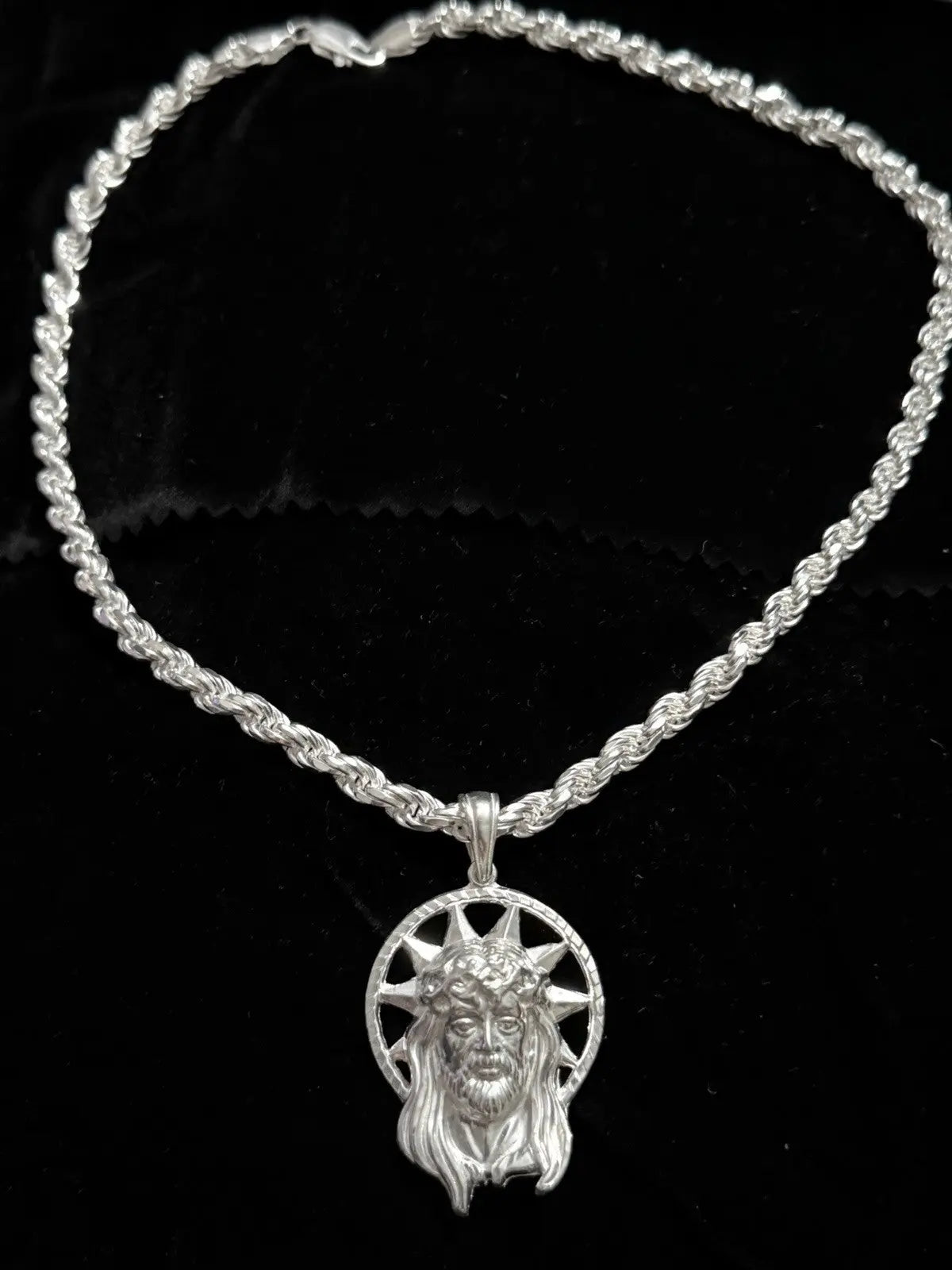 925 Sterling Silver Jesus Pendant Sunburst Halo CZ 2” Italy 12.67g New