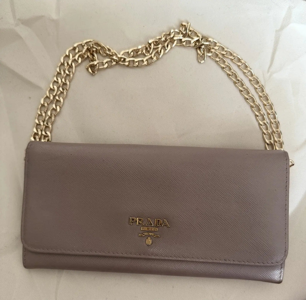 PRADA Pink Nude Saffiano Leather Logo Wallet On Braided Chain Crossbody Bag