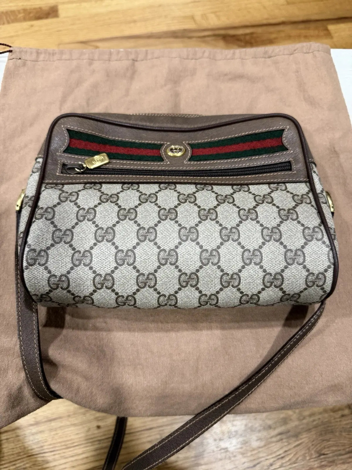 Gucci GG Supreme Gucci GG Web Shoulder Bag Brown Leather/PVC Excellent Condition