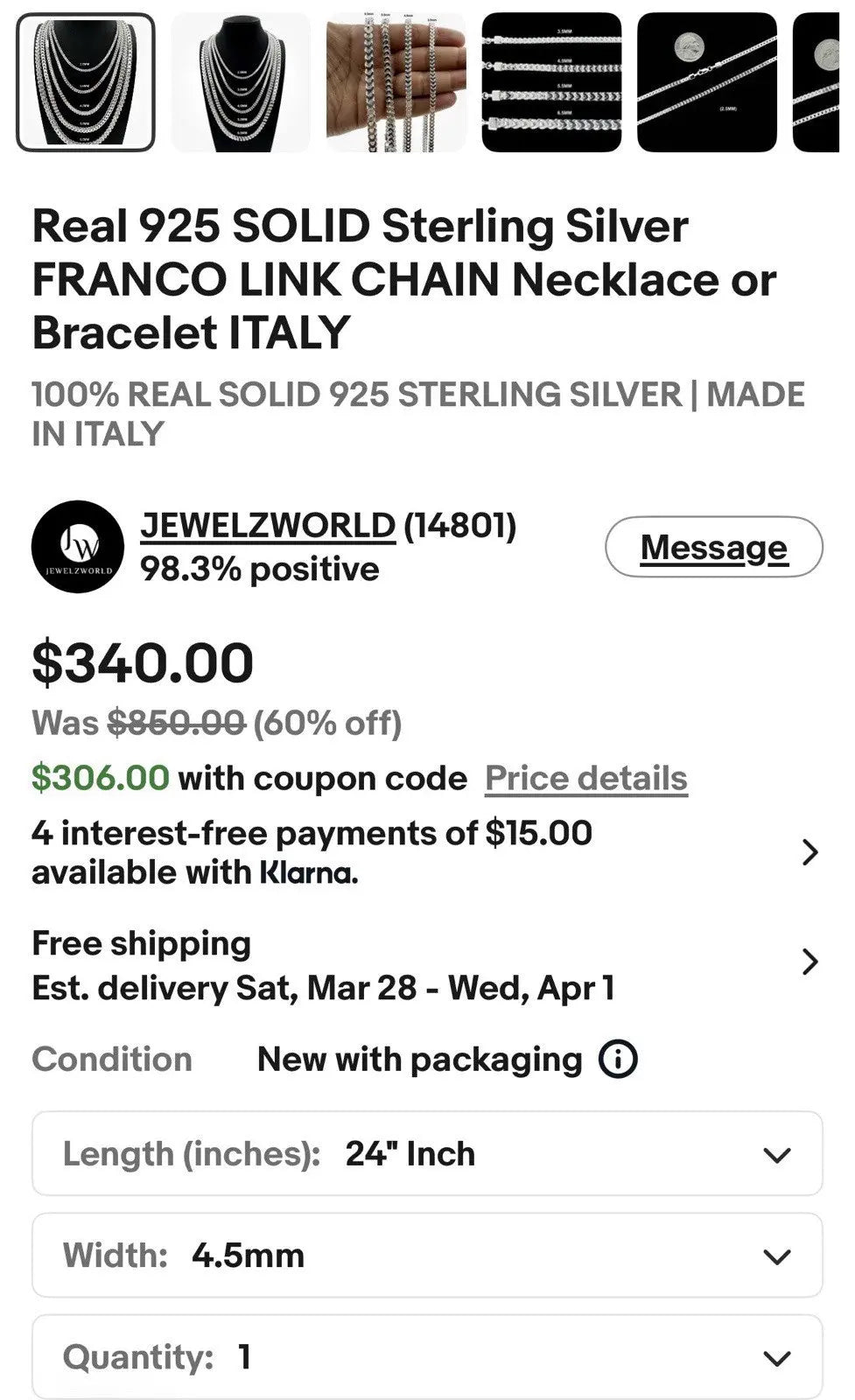 24” 4.4mm 24.5gr 925 SOLID Sterling Silver FRANCO LINK CHAIN Necklace