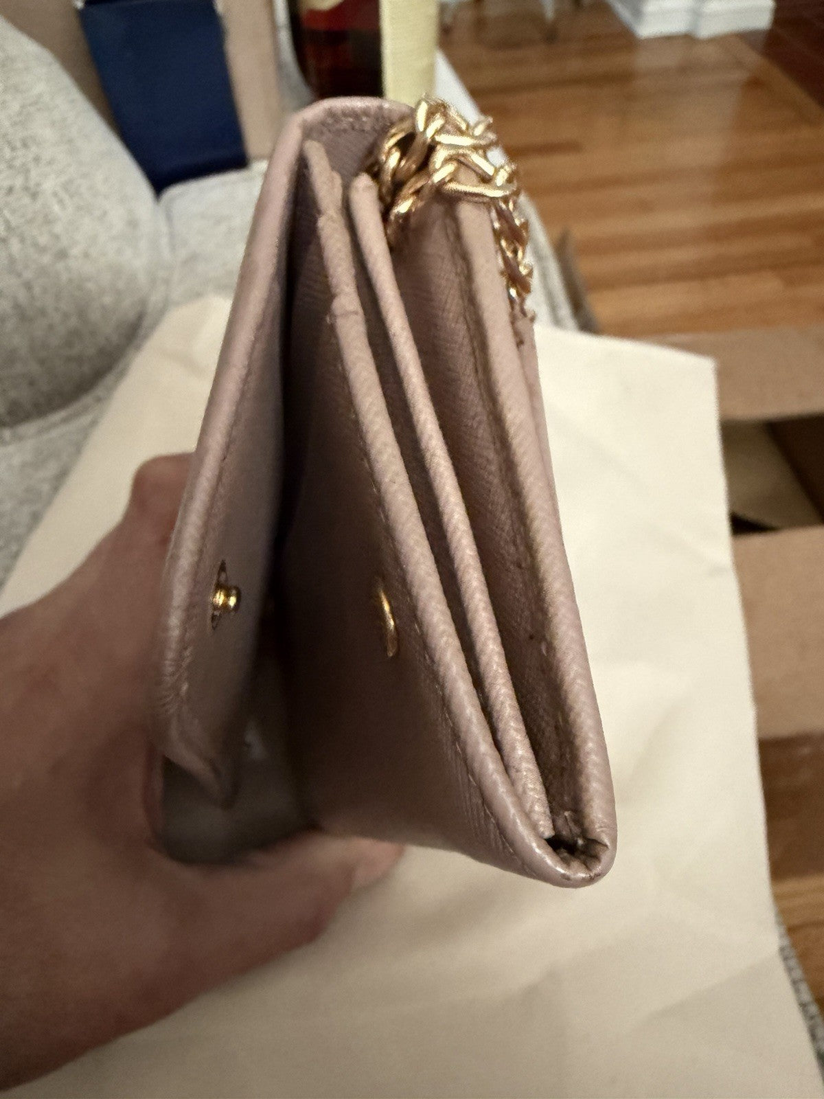 PRADA Nude Pink Nudish Saffiano Leather Logo Wallet W Chain Crossbody Bag