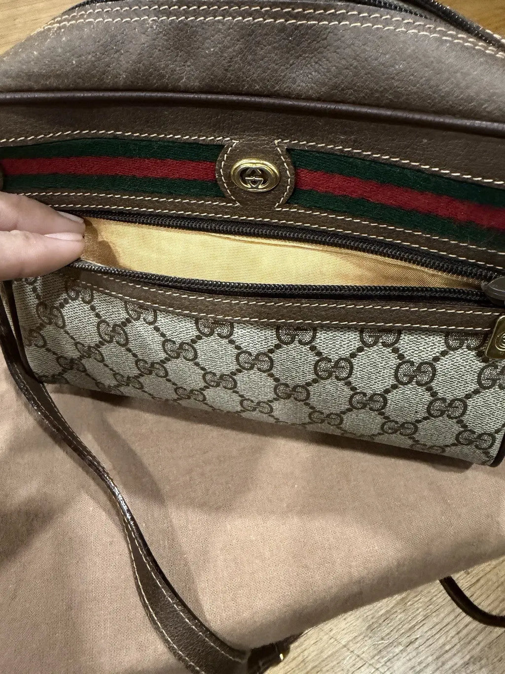 Gucci GG Supreme Gucci GG Web Shoulder Bag Brown Leather/PVC Excellent Condition