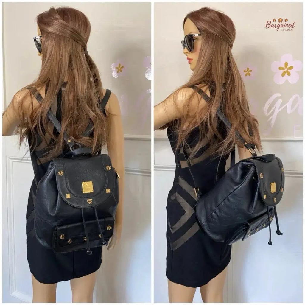 MCM Gold Hardware Backpack Purse Medium Black 100% Leather