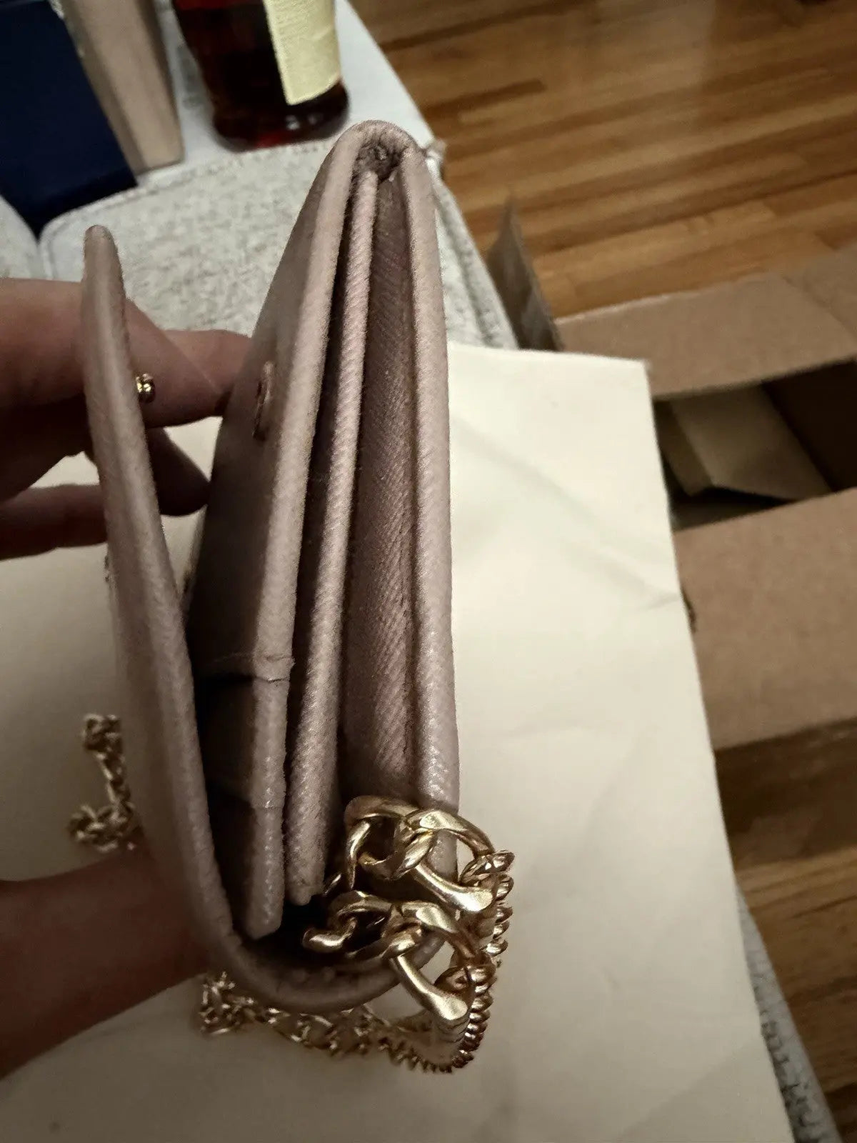 PRADA Pink Nude Saffiano Leather Logo Wallet On Braided Chain Crossbody Bag