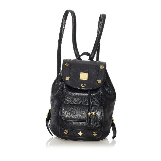 MCM Gold Hardware Backpack Purse Medium Black 100% Leather